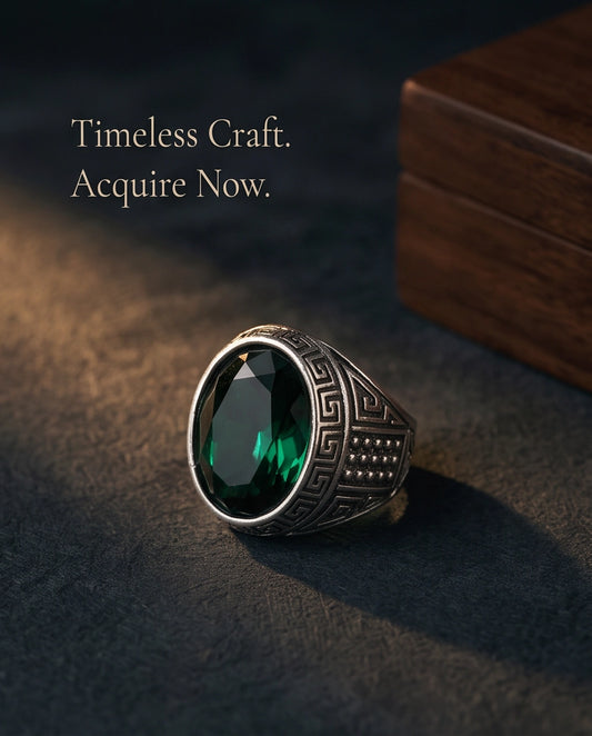 Emerald Gemstone Greek Key Bezel Studded Silver Ring