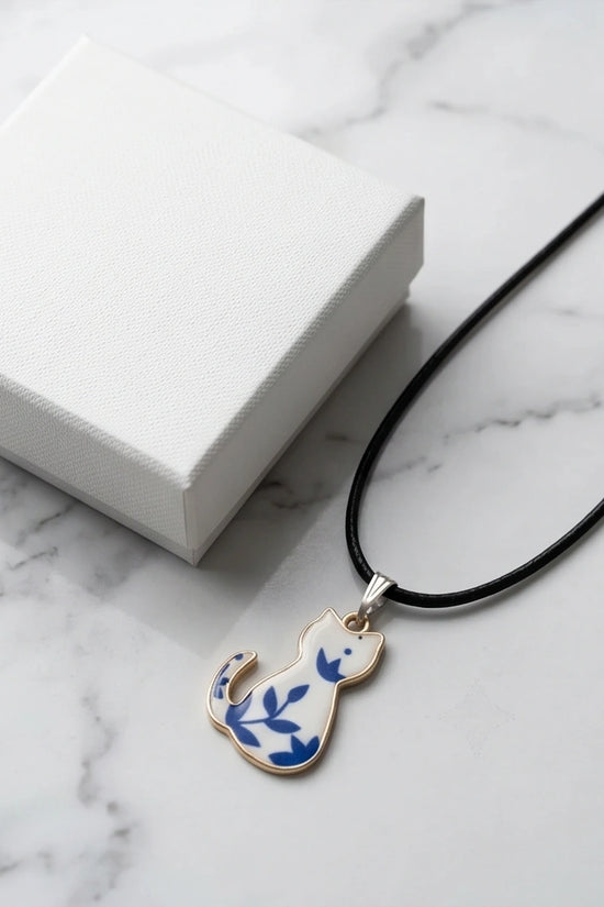 Artistic Blue Porcelain Feline Silhouette Pendant Necklace
