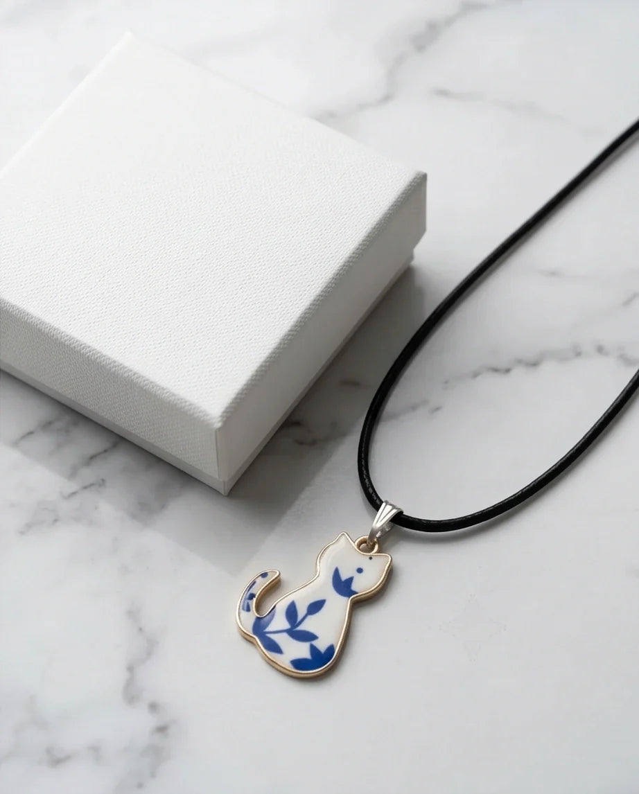 Artistic Blue Porcelain Feline Silhouette Pendant Necklace