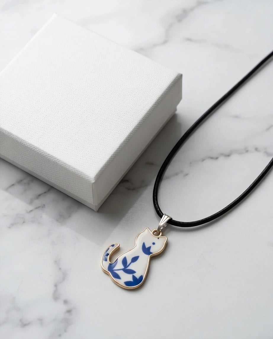 Artistic Blue Porcelain Feline Silhouette Pendant Necklace