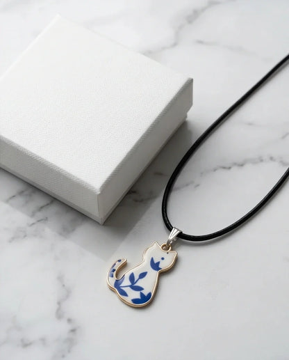 Artistic Blue Porcelain Feline Silhouette Pendant Necklace