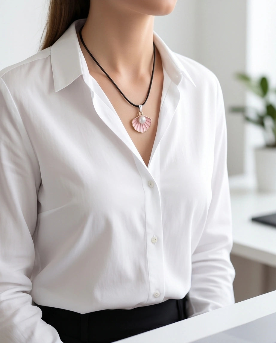 Pink Seashell Enamel Pendant Necklace with Faux Pearl