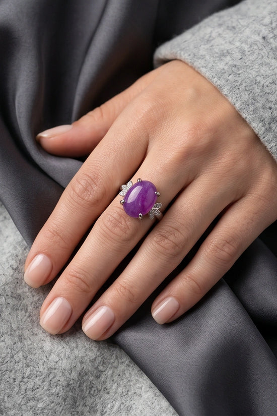 "Ethereal Purple Jade Leaf Statement Ring"