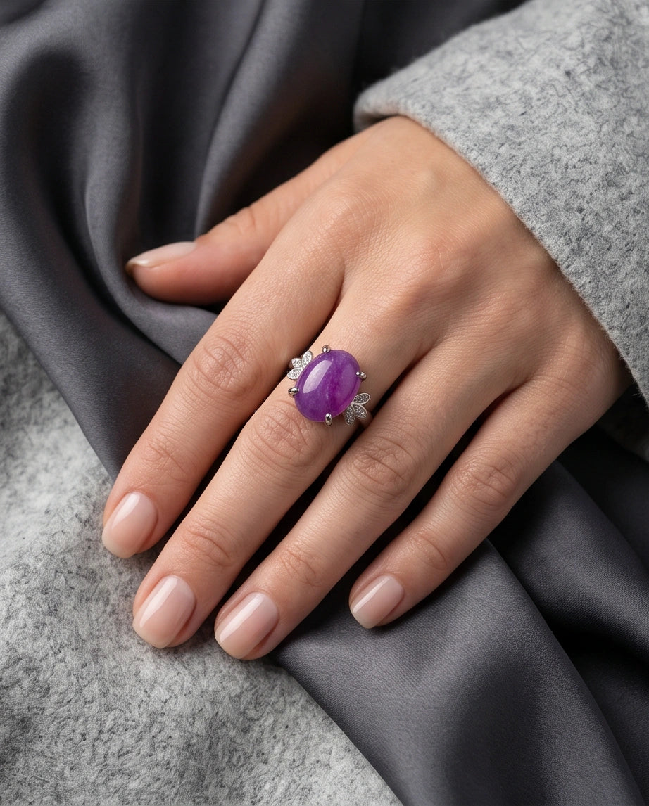 "Ethereal Purple Jade Leaf Statement Ring"
