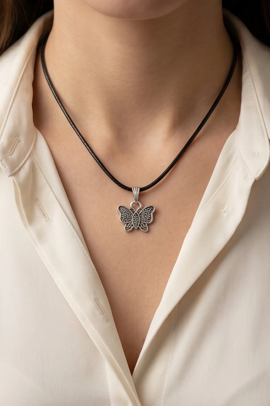 Silver Textured Butterfly Pendant Necklace