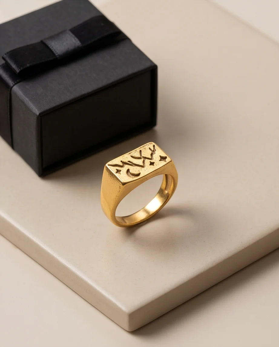Celestial Forest Crescent Gold Signet Ring