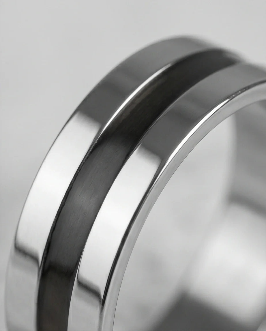 Minimalist Dual-Tone Silver and Black Band Ring
