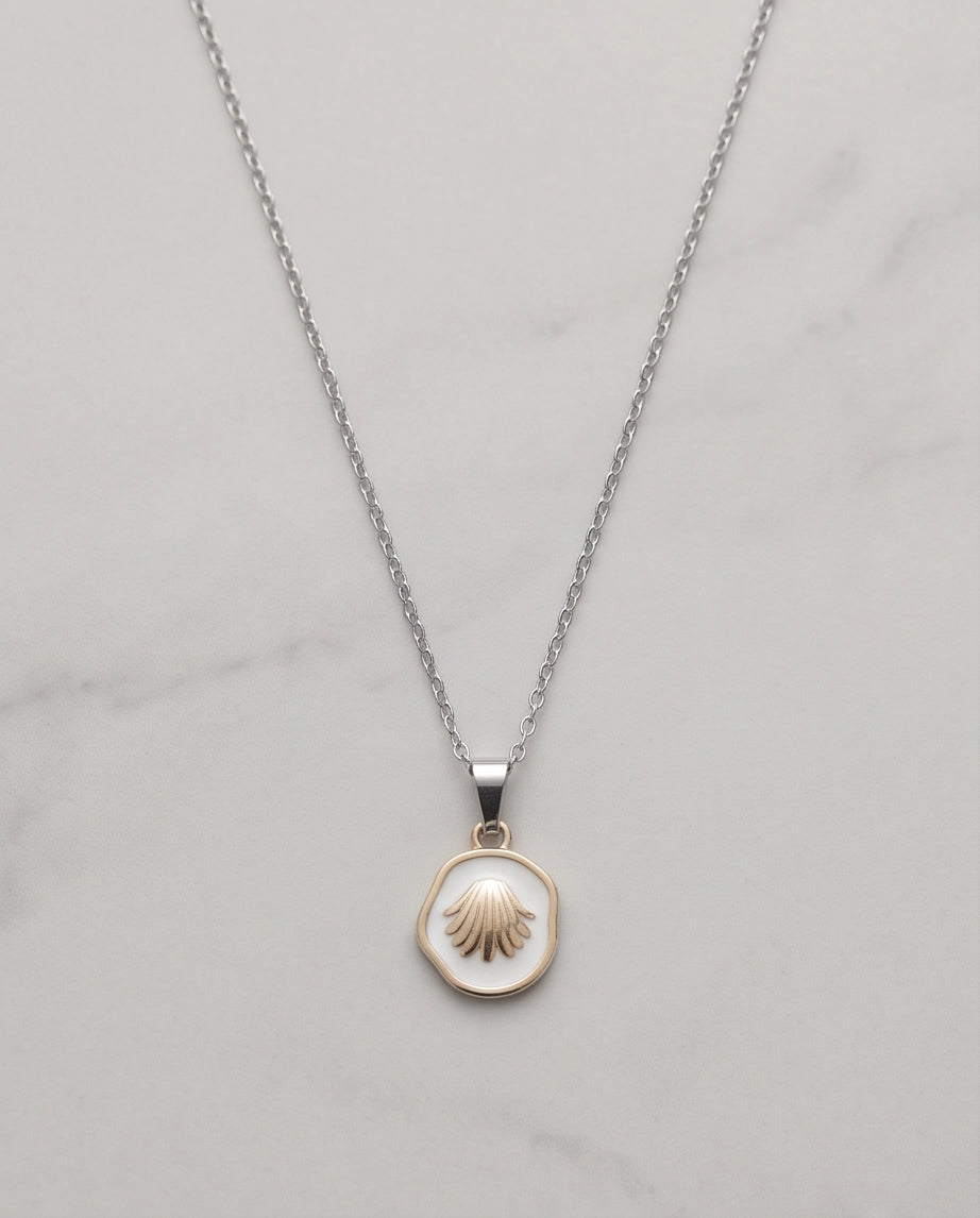 Gold White Enamel Seashell Medallion Pendant Necklace