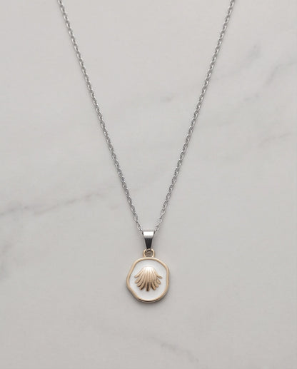Gold White Enamel Seashell Medallion Pendant Necklace