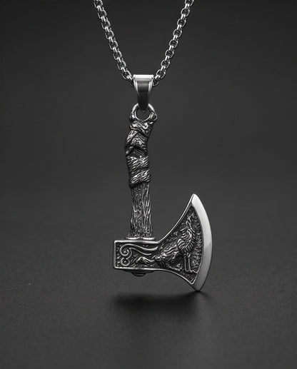 Silver Viking Axe Wolf Pendant Necklace
