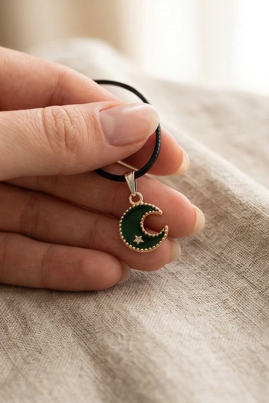 Gold and Green Crescent Moon and Star Necklace