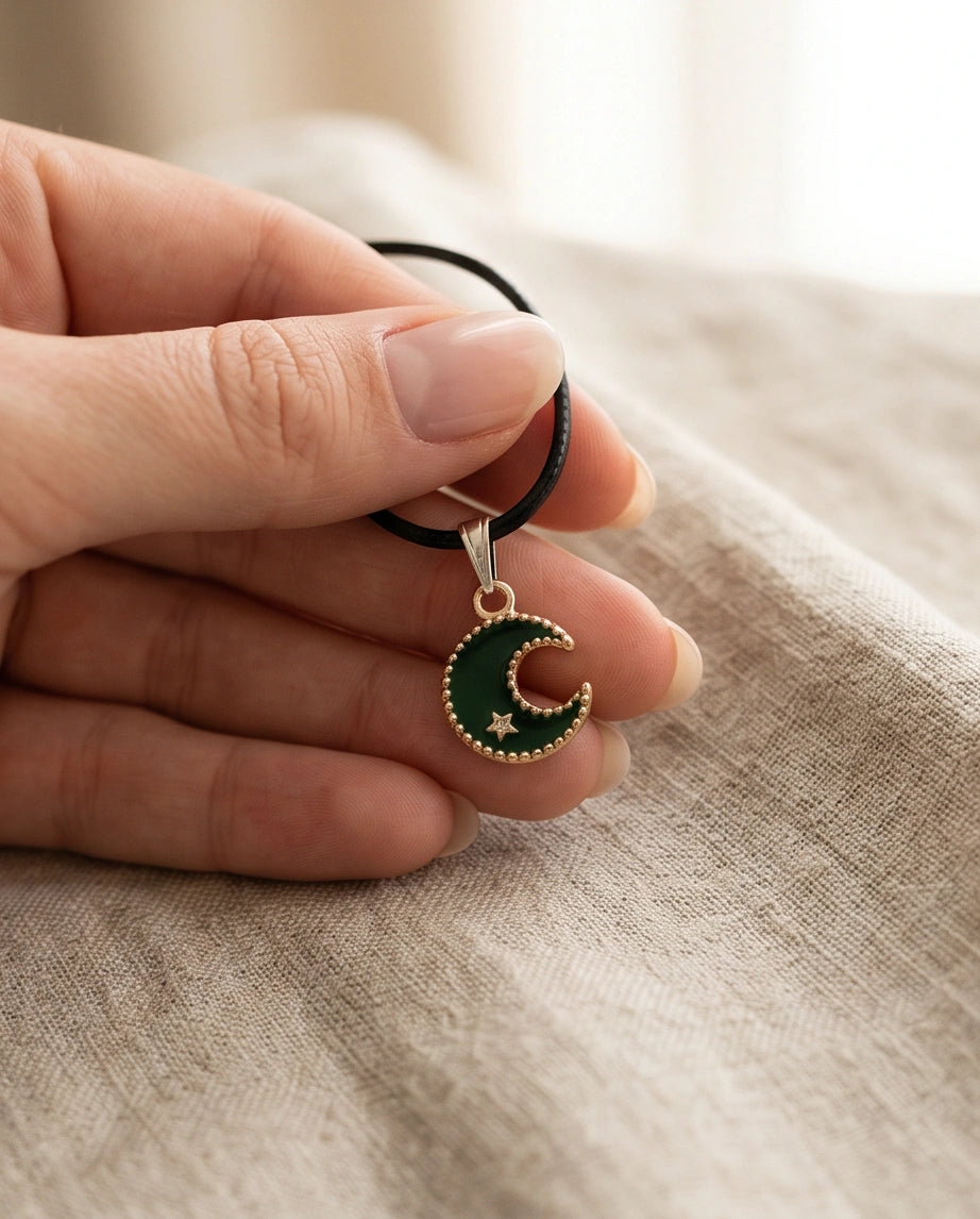 Gold and Green Crescent Moon and Star Necklace