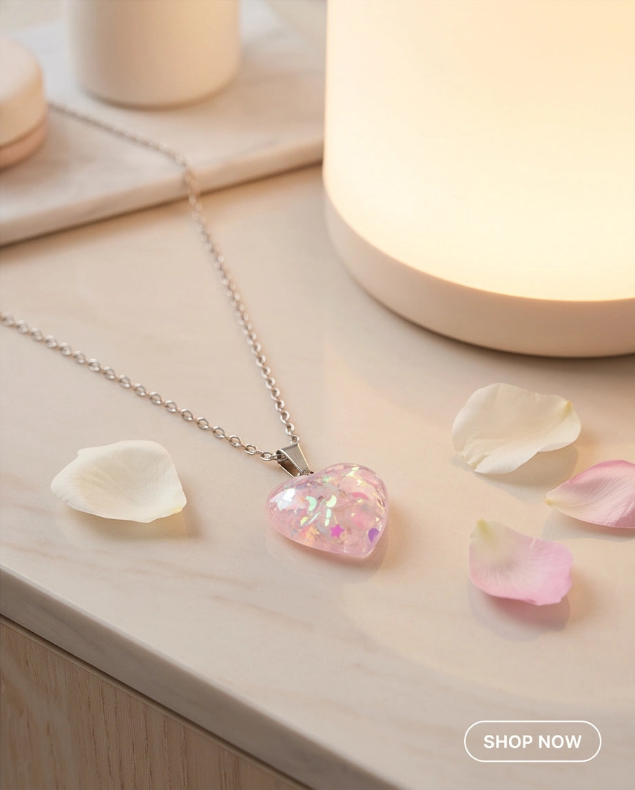 Silver Bubblegum Pink Glitter Heart Resin Pendant Necklace