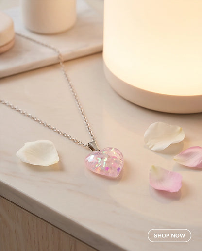 Silver Bubblegum Pink Glitter Heart Resin Pendant Necklace