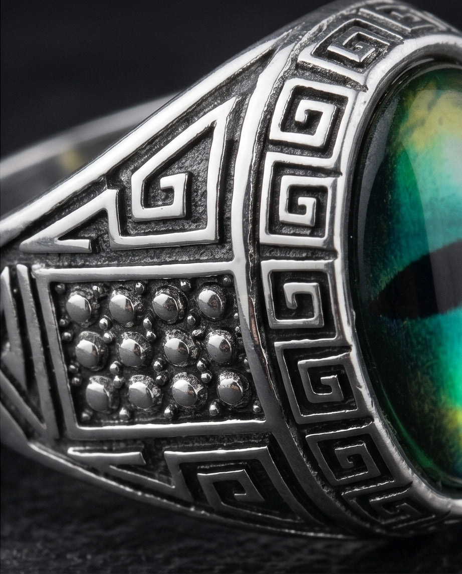 Vintage Sterling Silver Mythic Lime-Green Dragon's Eye Ring
