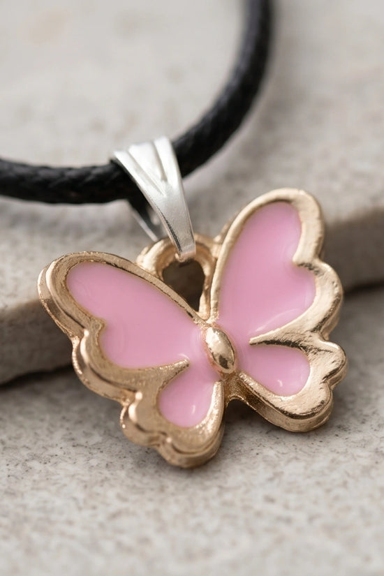Pink Butterfly Enamel Pendant Necklace