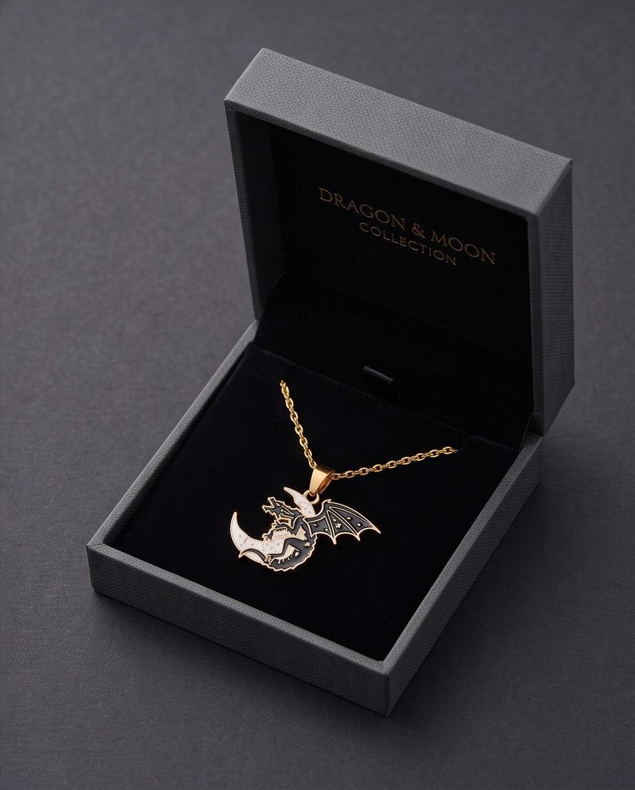 Gold Celestial Dragon White Crescent Moon Enamel Pendant Necklace