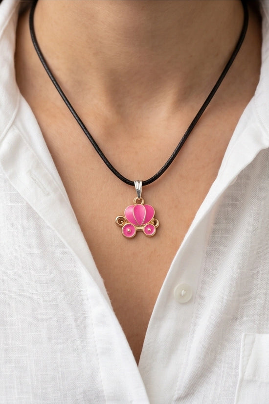 Pink Cinderella Pumpkin Carriage Enamel Pendant Necklace