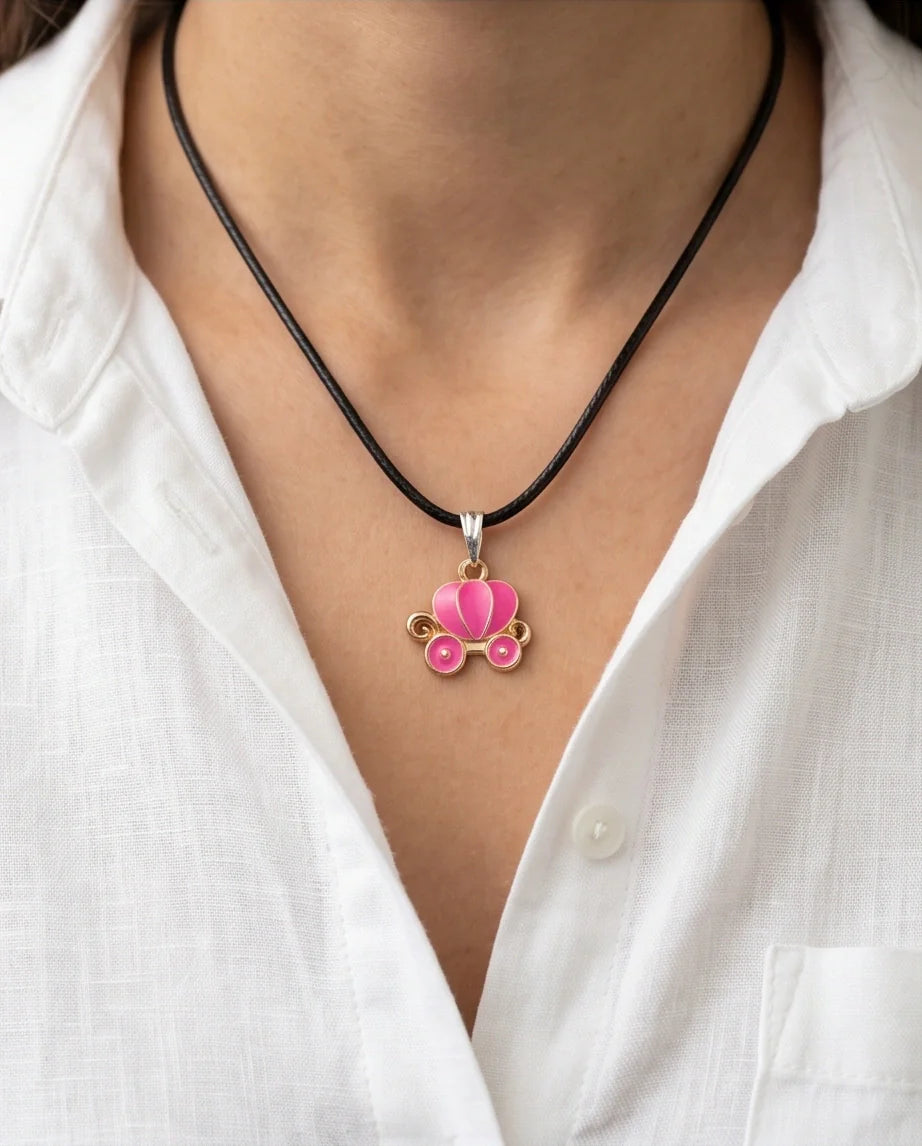 Pink Cinderella Pumpkin Carriage Enamel Pendant Necklace