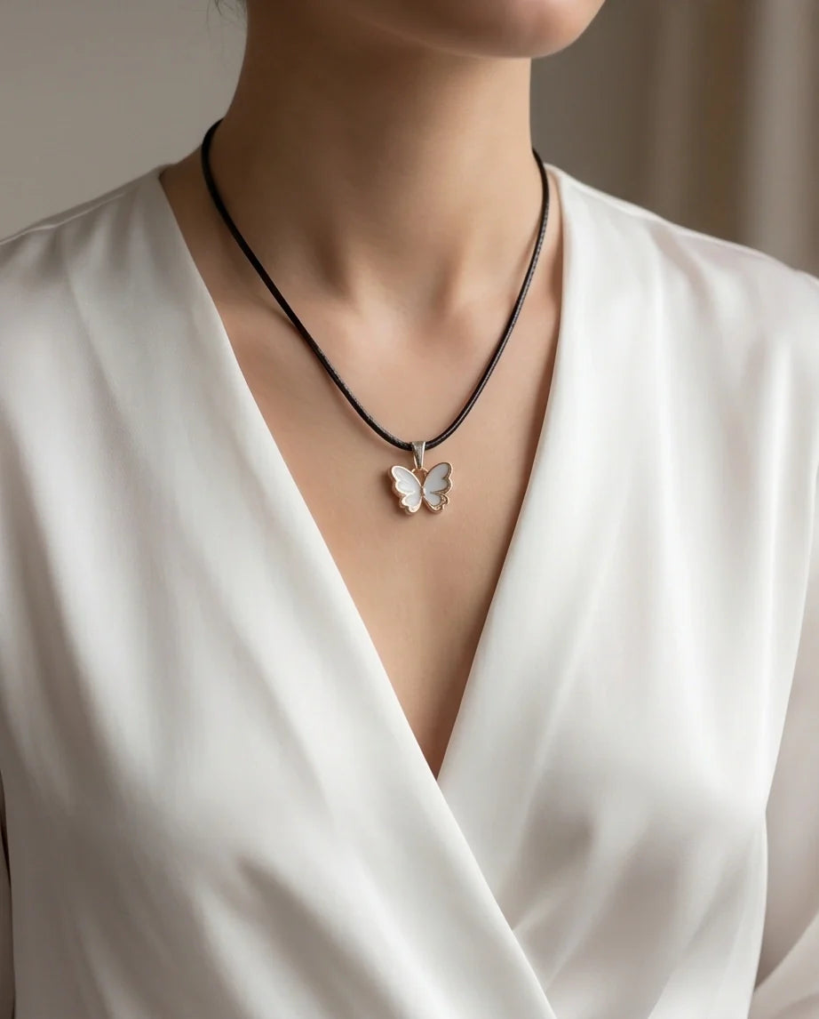 Gold and White Butterfly Pendant Necklace