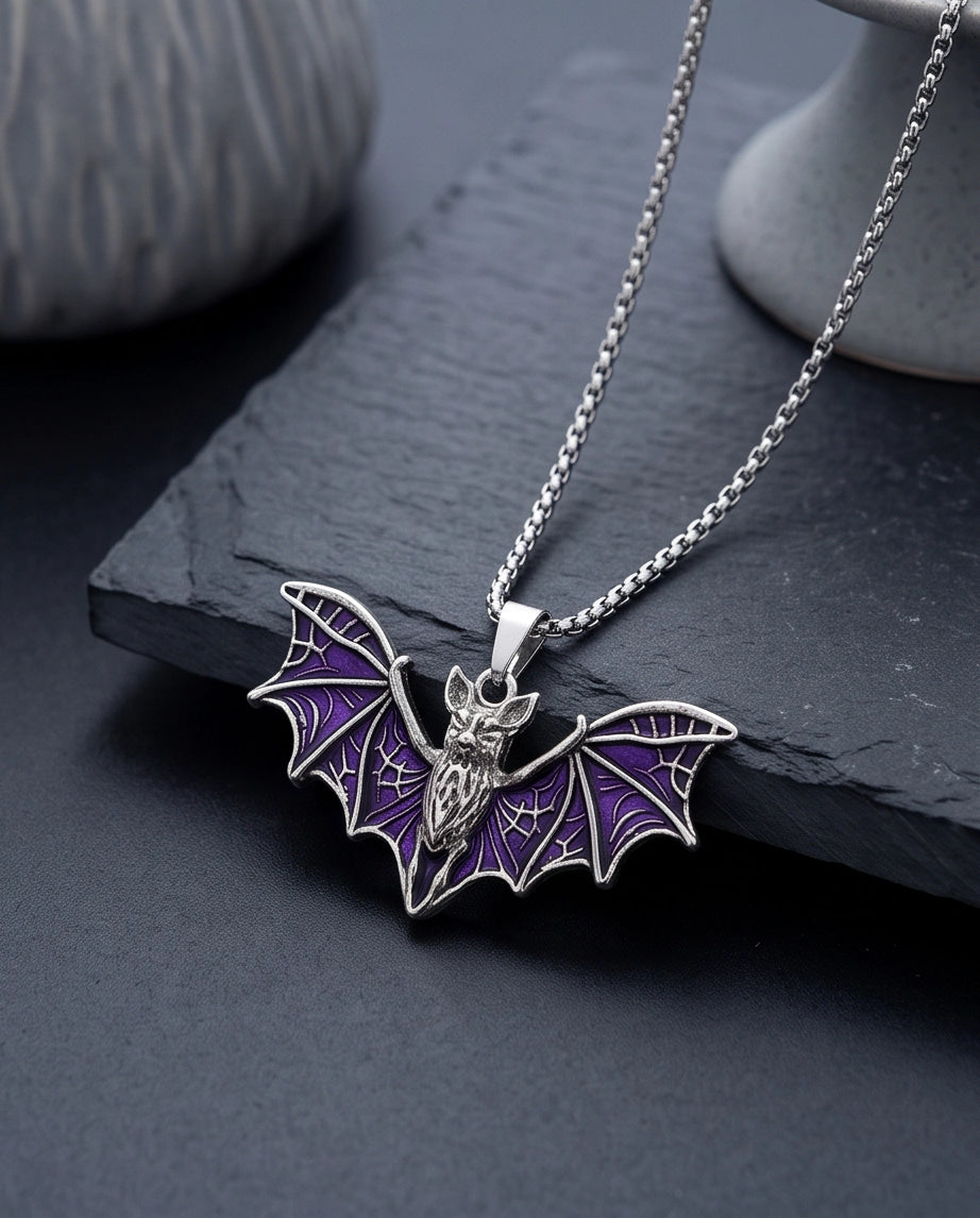 Silver Purple Enamel Flying Bat Pendant Necklace