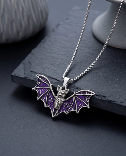 Silver Purple Enamel Flying Bat Pendant Necklace