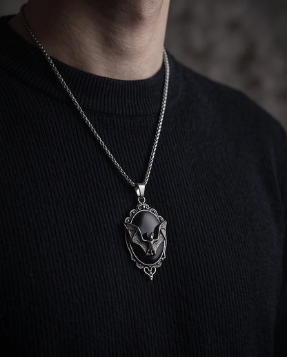 Antique Silver Gothic Bat Black Enamel Medallion Chain Necklace