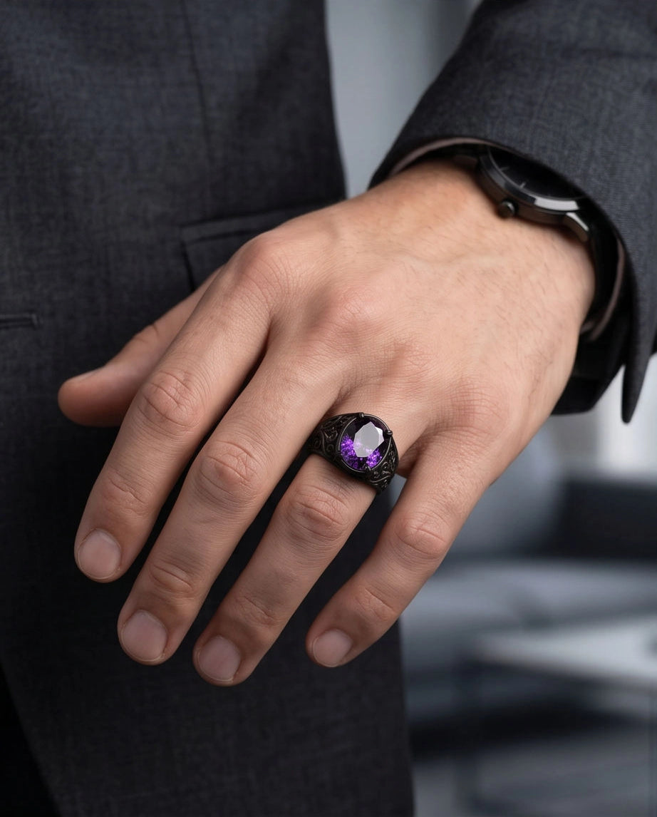 Matte Black Oval Amethyst Scroll Signet Ring