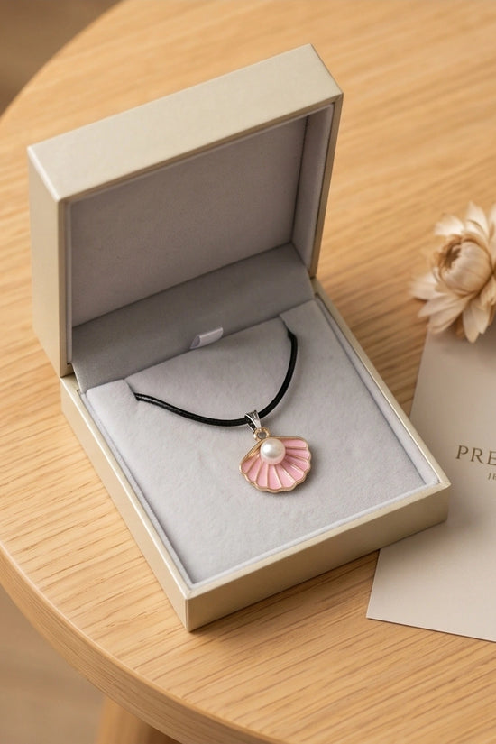 Pink Seashell Enamel Pendant Necklace with Faux Pearl