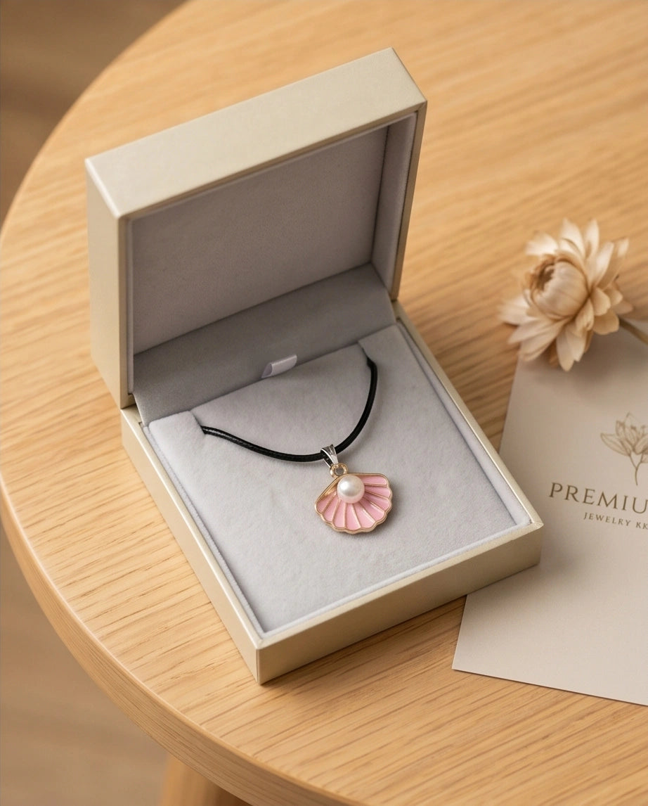 Pink Seashell Enamel Pendant Necklace with Faux Pearl