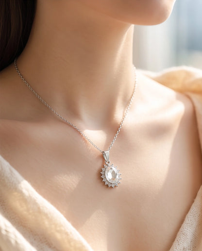 Silver Crystal Oval Halo Medallion Pendant Necklace