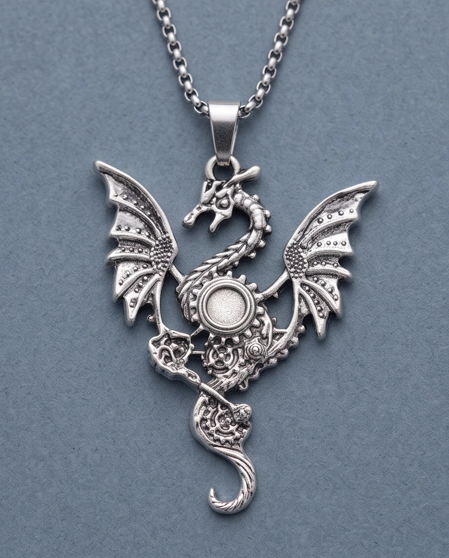 Silver Steampunk Dragon Gear Pendant Necklace