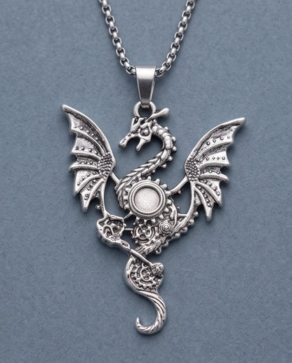 Silver Steampunk Dragon Gear Pendant Necklace