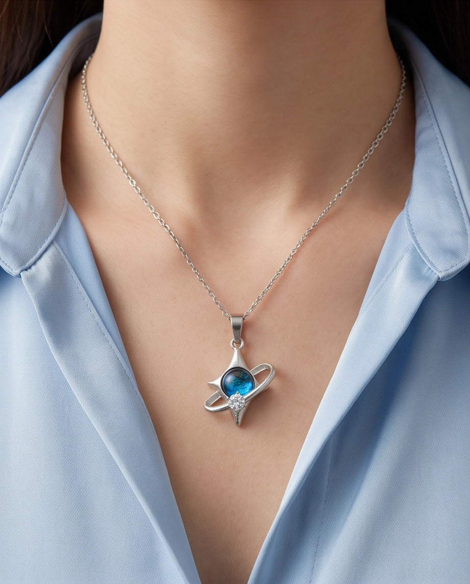 Silver Cosmic Four-Point Star Planet Ring Pendant Necklace