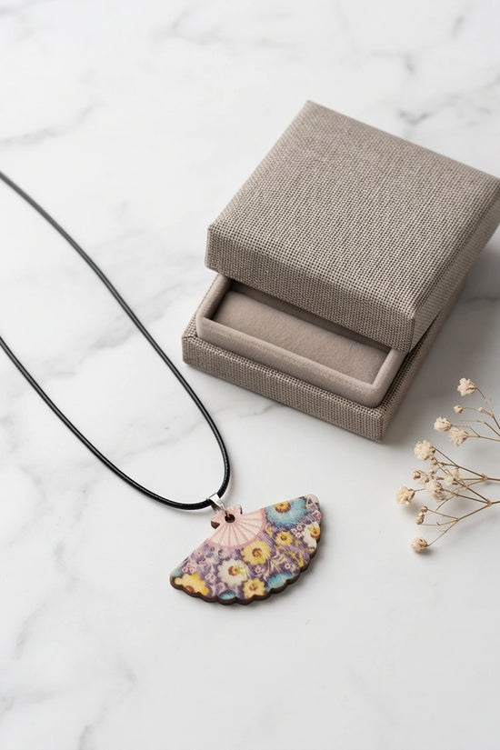 Vintage Blue & Yellow Floral Hand-Fan Pendant Necklace
