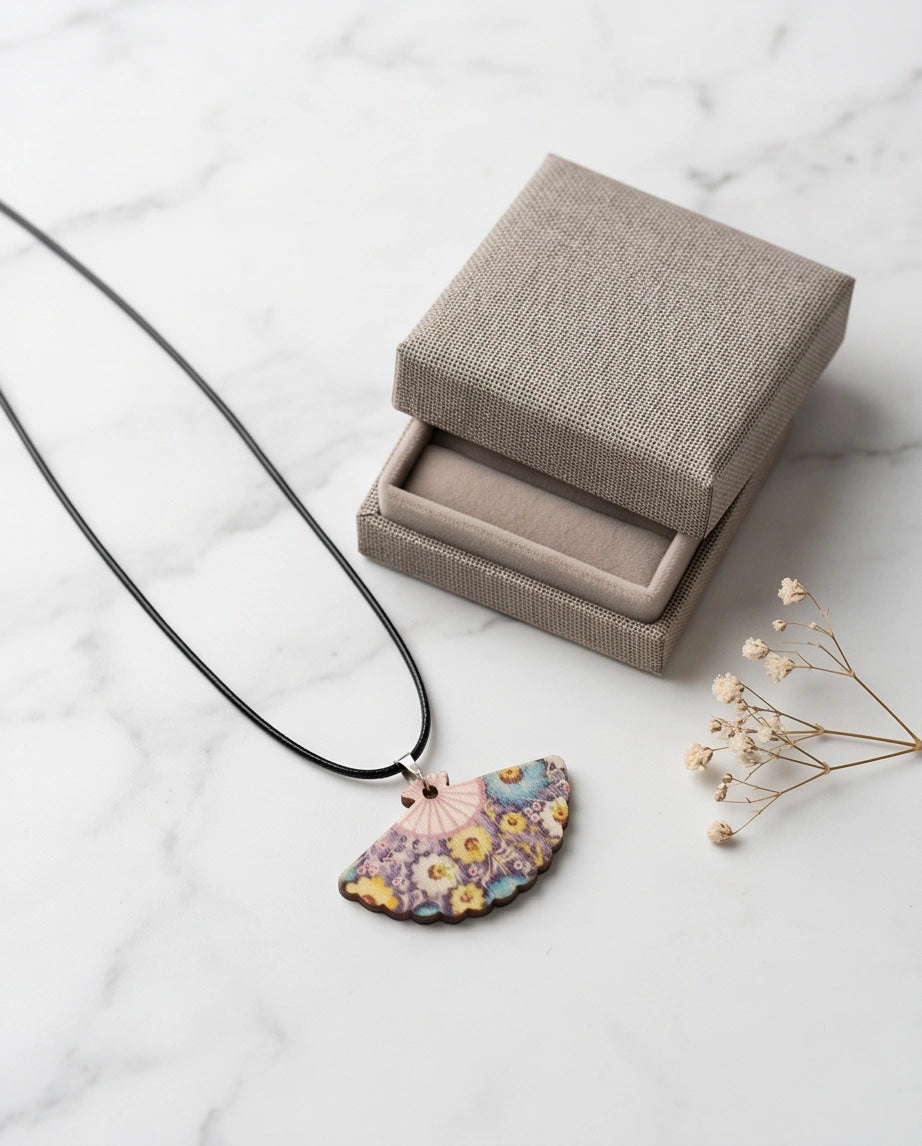 Vintage Blue & Yellow Floral Hand-Fan Pendant Necklace