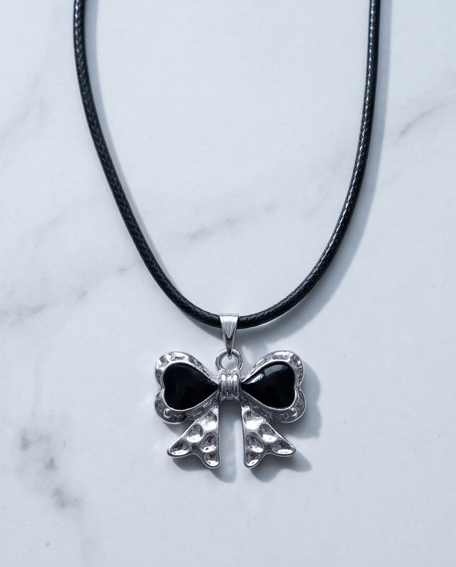 Black Enamel Ribbon Bow Pendant Necklace