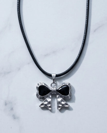 Black Enamel Ribbon Bow Pendant Necklace