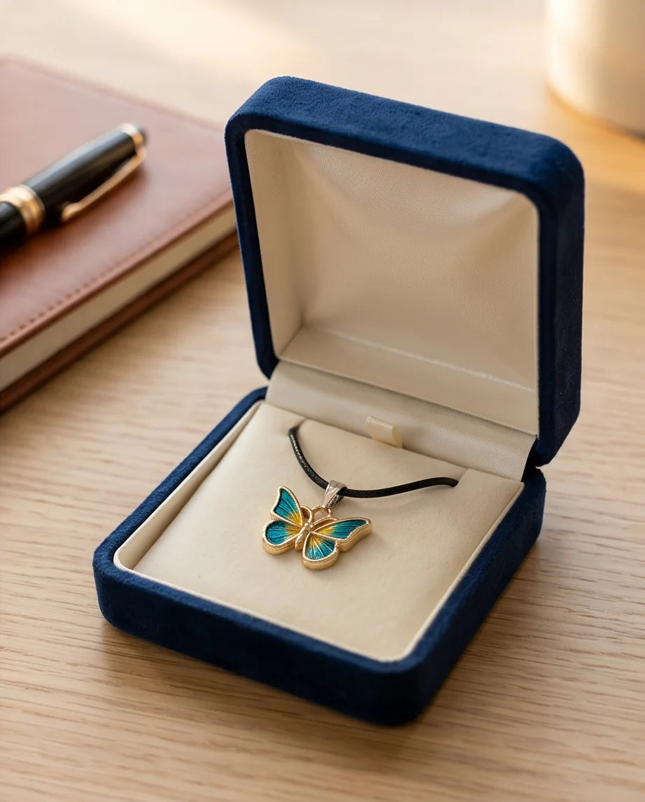 Teal & Gold Butterfly Pendant Necklace