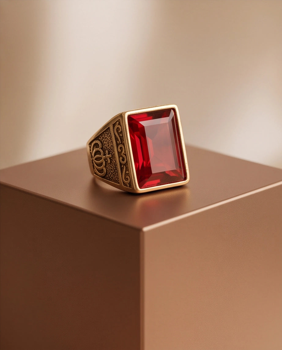 Crimson Ruby Emerald-Cut Gemstone Crown Motif Gold Ring