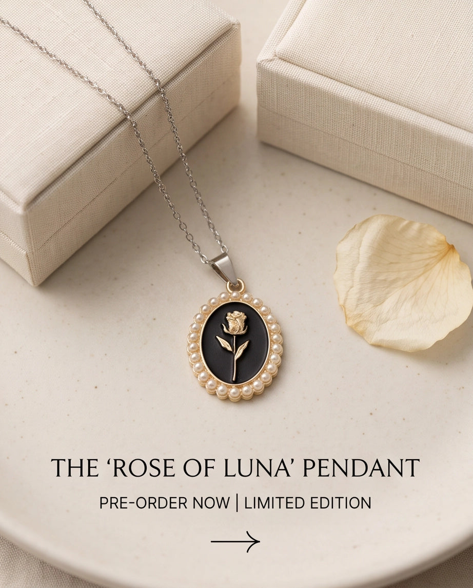 Gold Pearl Frame Black Enamel Rose Oval Pendant Necklace