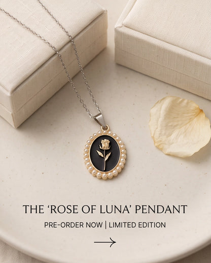 Gold Pearl Frame Black Enamel Rose Oval Pendant Necklace
