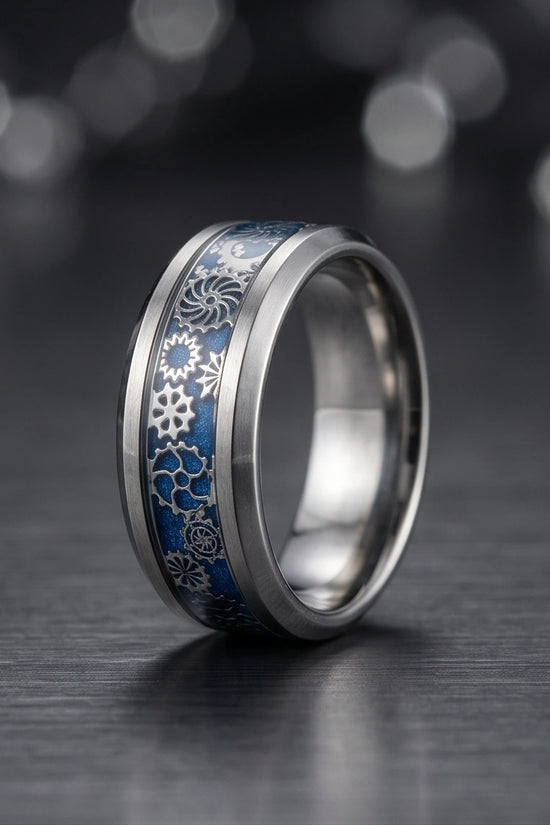 Industrial Steampunk Blue Gear Band Ring