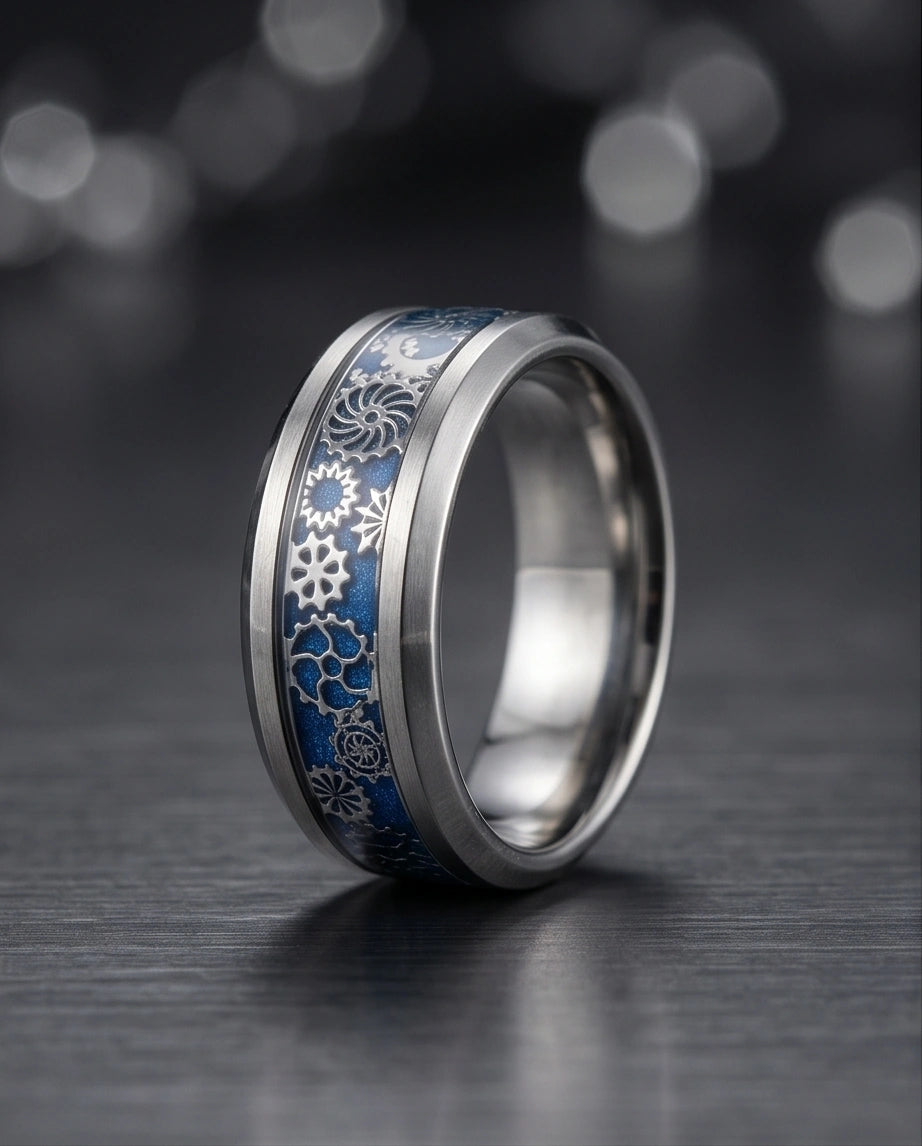 Industrial Steampunk Blue Gear Band Ring