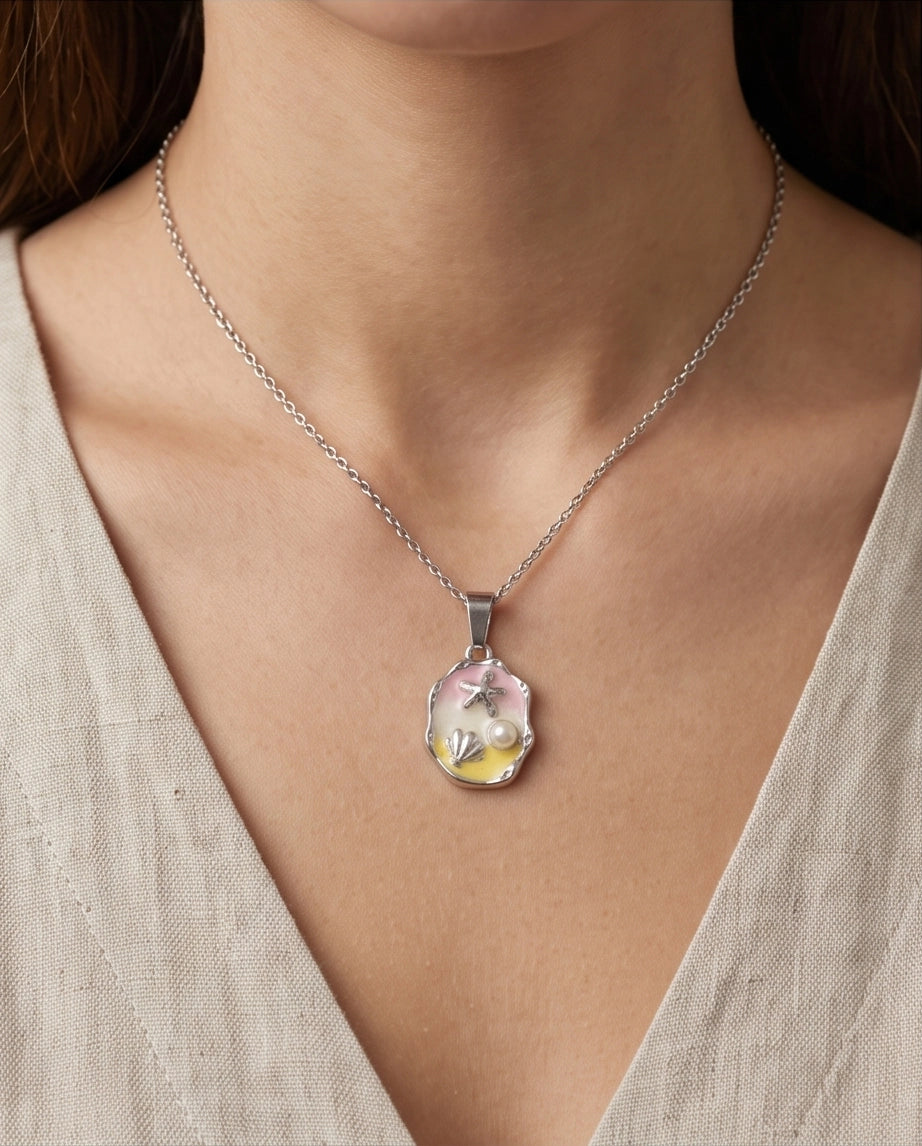 Silver Seashell Starfish Pearl Enamel Medallion Chain Necklace