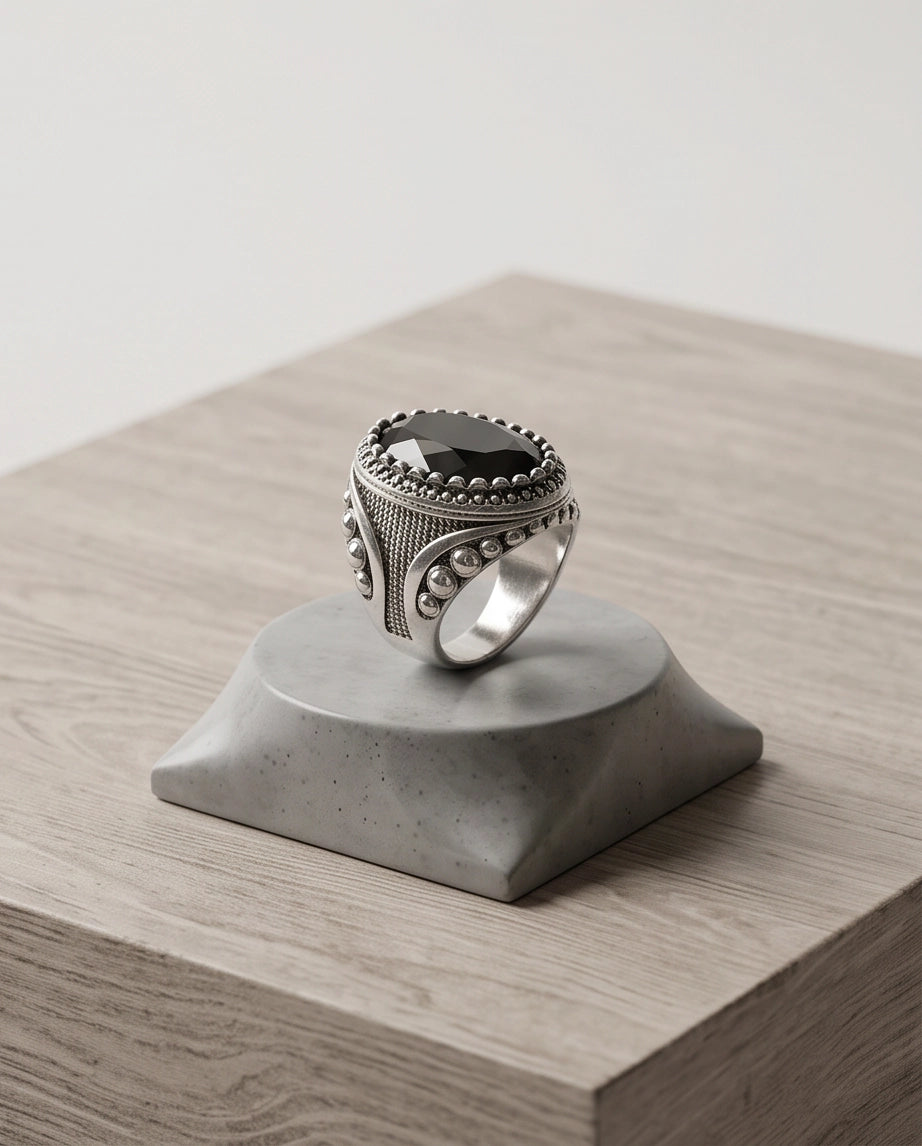 Black Gemstone Double Beaded Frame Studded Silver Ring