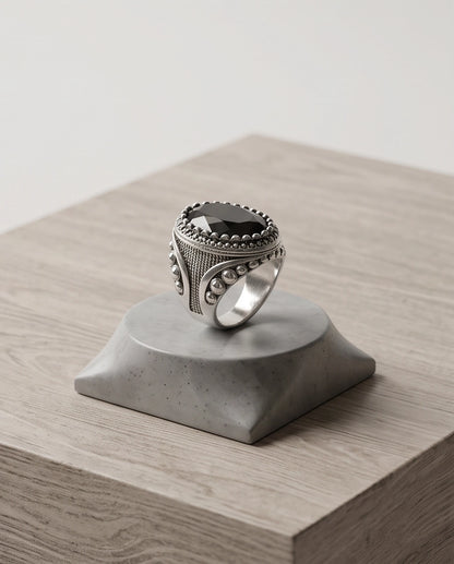 Black Gemstone Double Beaded Frame Studded Silver Ring