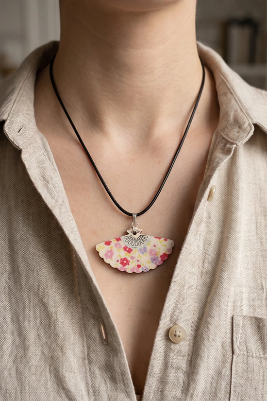 Vintage Pastel Pink Floral Hand-Fan Pendant Necklace