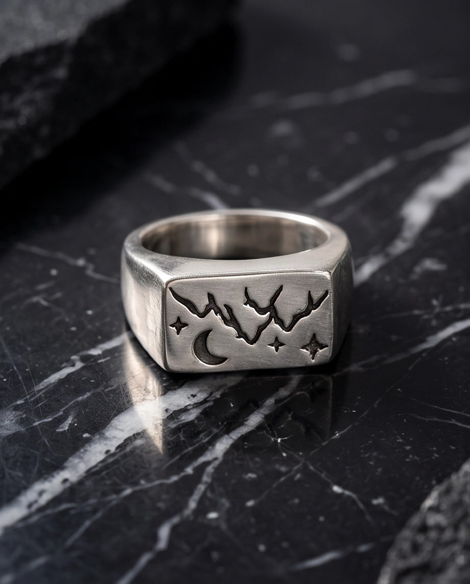 Celestial Mountain & Moon Signet Ring