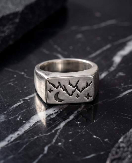 Celestial Mountain & Moon Signet Ring